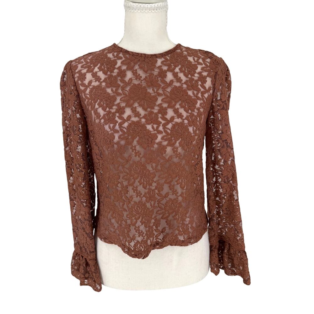 KAZO Brown Sheer Lace Long Sleeve Top S Coquette Dark Academia